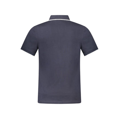 Back view of Hugo Boss Blue Cotton Polo Shirt with short sleeves, slim fit, contrasting details, and embroidered logo.