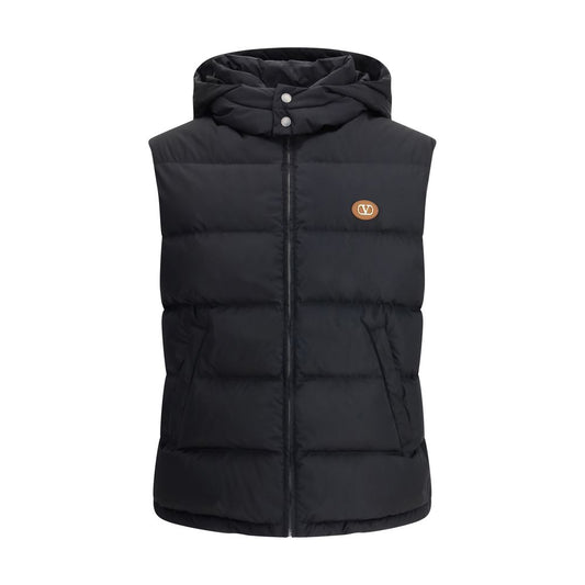 Valentino Black Goose Down Sleeveless Jacket with removable hood and leather logo patch, padded quilted design, front zipper closure.