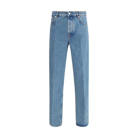 Valentino Blue Cotton Straight-Leg Jeans with button closure and five-pocket design, featuring logoed leather patch, AW25, 100% cotton.