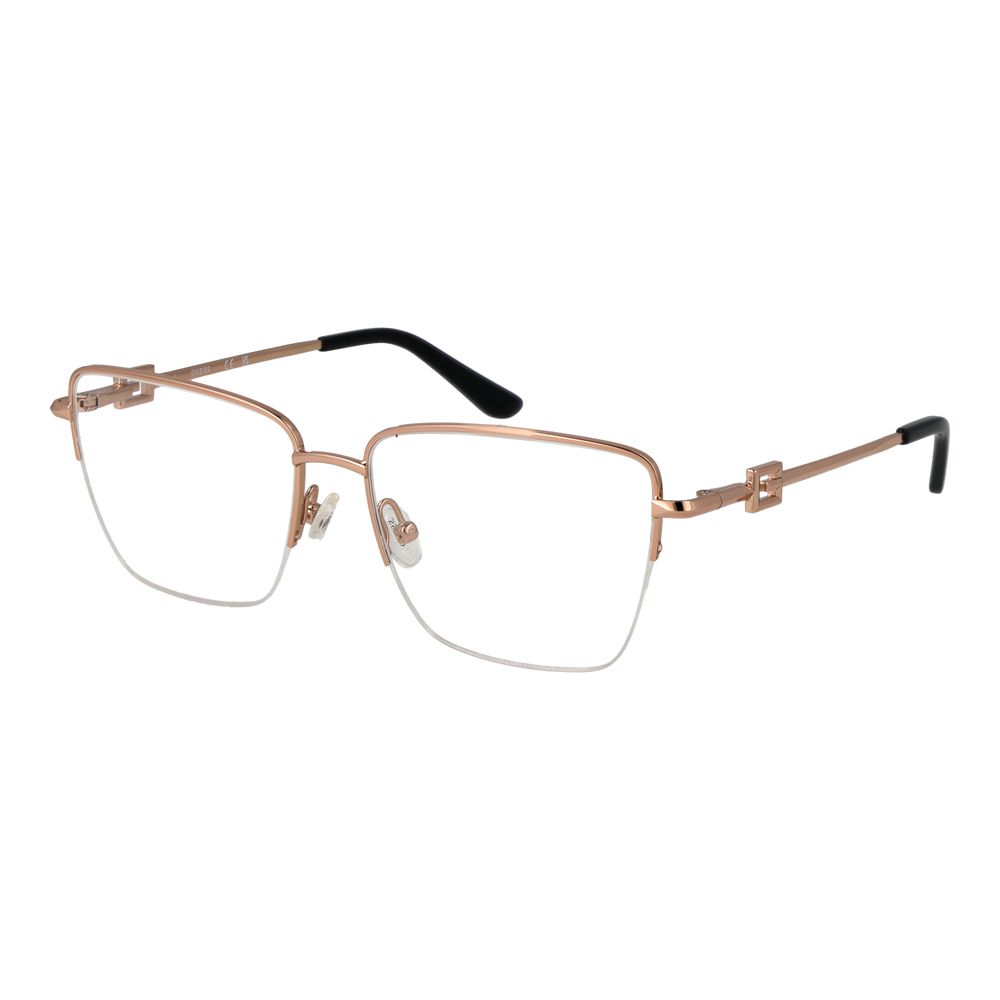 Guess Rose Gold Women Glasses Frame, half-rim square metal frame with demo lenses, spring hinge, includes branded case.