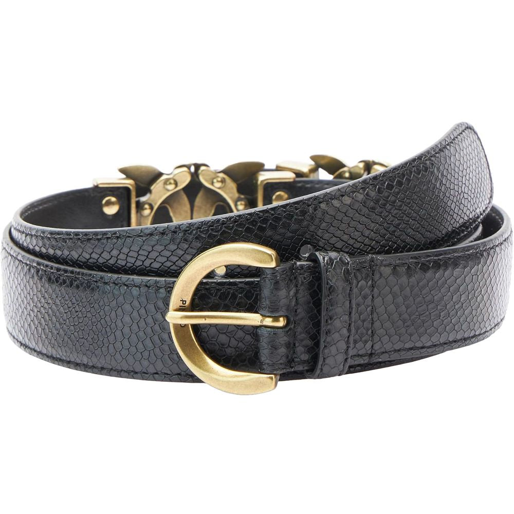PINKO Black Calfskin Belt with python print, double gold logo, and metal buckle. Length 105 cm, thickness 3 cm.