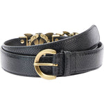 PINKO Black Calfskin Belt with python print, double gold logo, and metal buckle. Length 105 cm, thickness 3 cm.