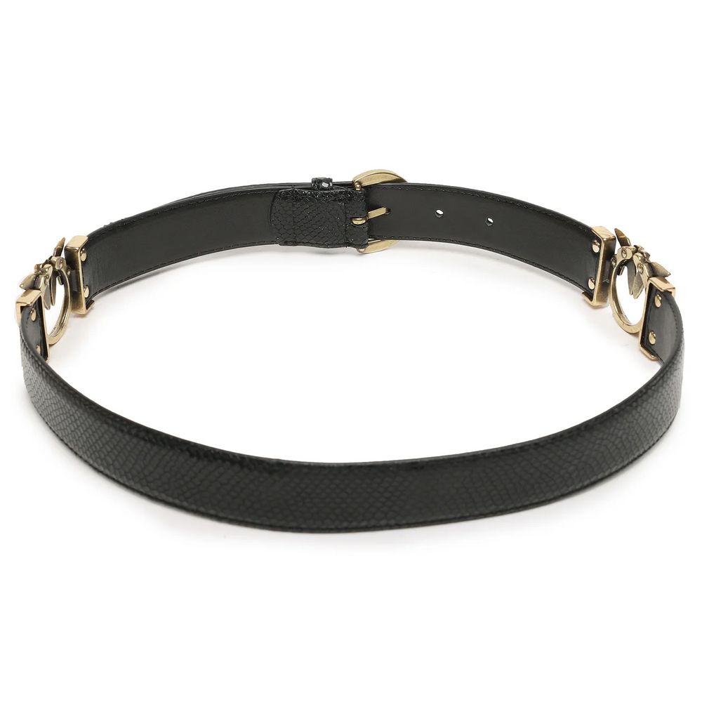 PINKO Black Calfskin Belt with python print, double gold logo, and metal buckle. Length: 105 cm, Thickness: 3 cm.