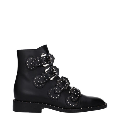 Givenchy Black Leather Ankle Boots with studs, buckle closure, low flat heel, round toe. MPN: BE08143004001, leather sole. Casual style.