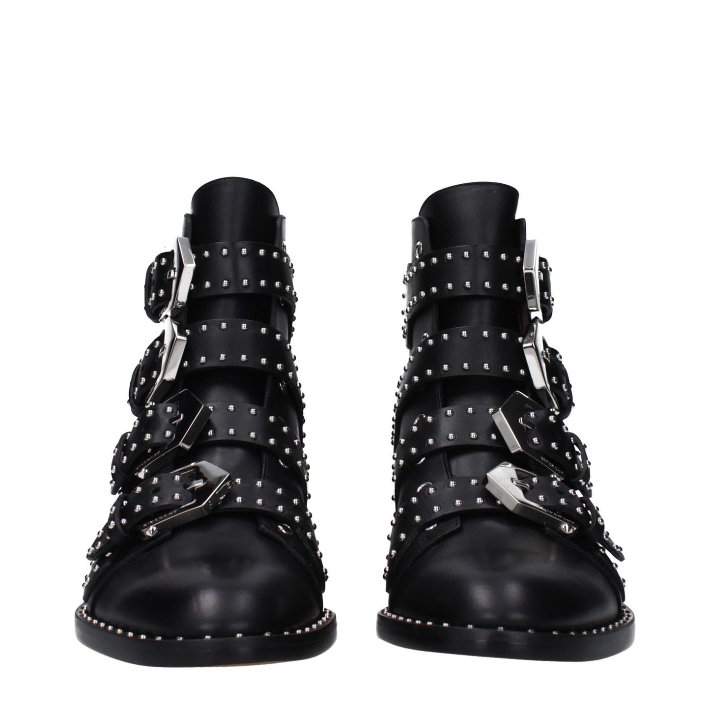 Givenchy Black Leather Ankle Boots with studs and buckle closure, featuring a low flat heel and round toe in a casual style.