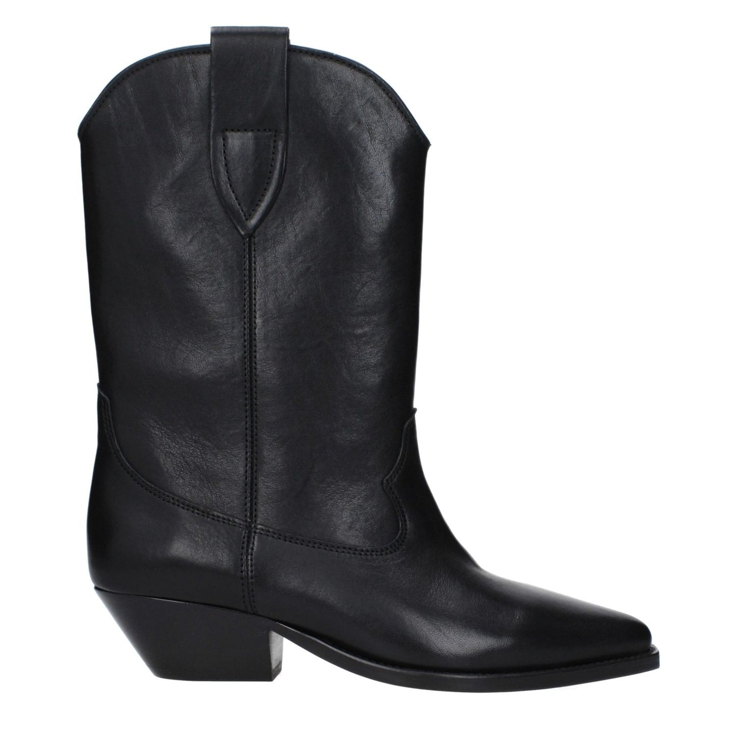 Isabel Marant Black Leather Ankle Boots with pointy toe and mid heels, featuring leather sole and 4 cm heel height.