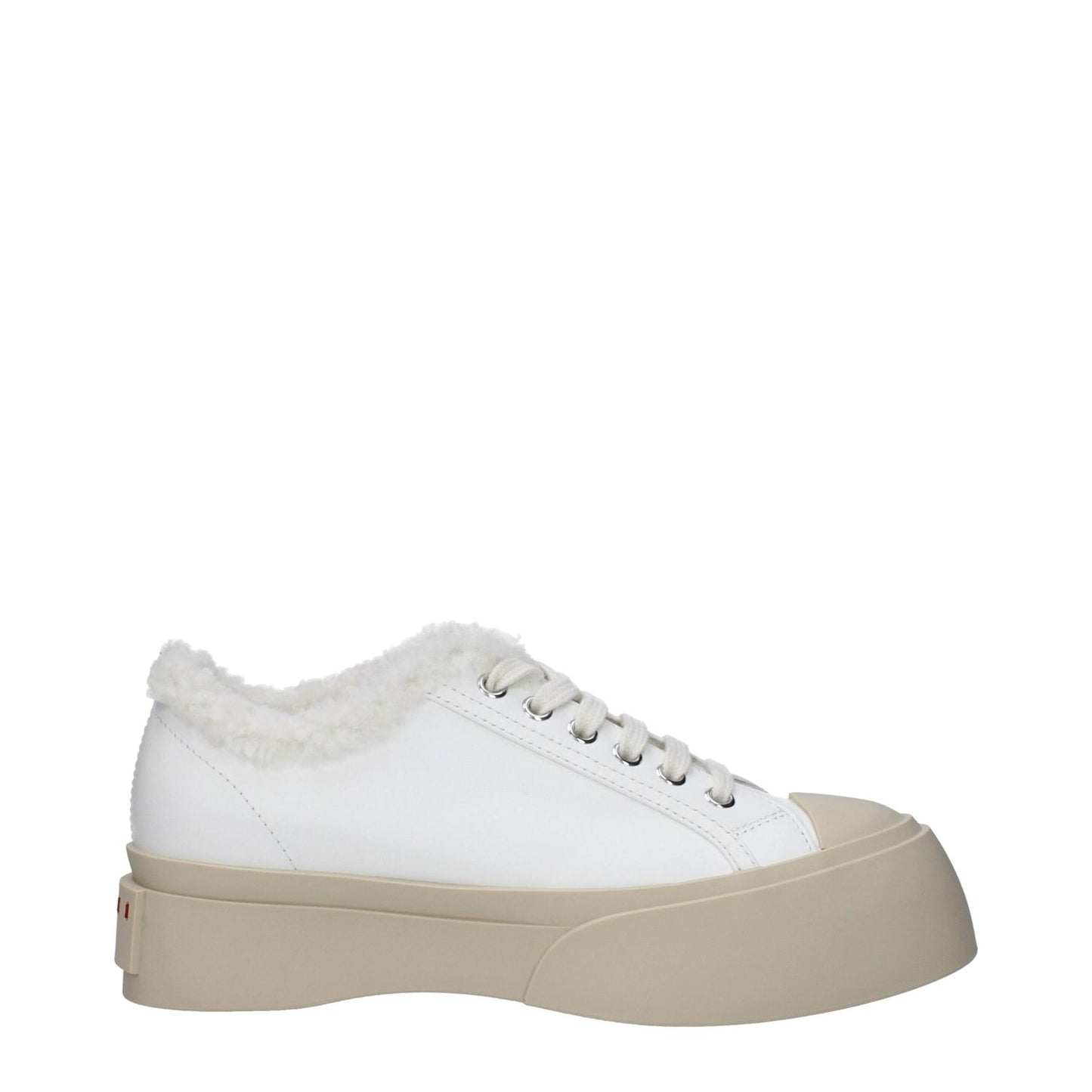 Marni White Leather Low Top Sneakers with fur detail, featuring lace-up closure, rubber sole, round toe, and prominent logos.