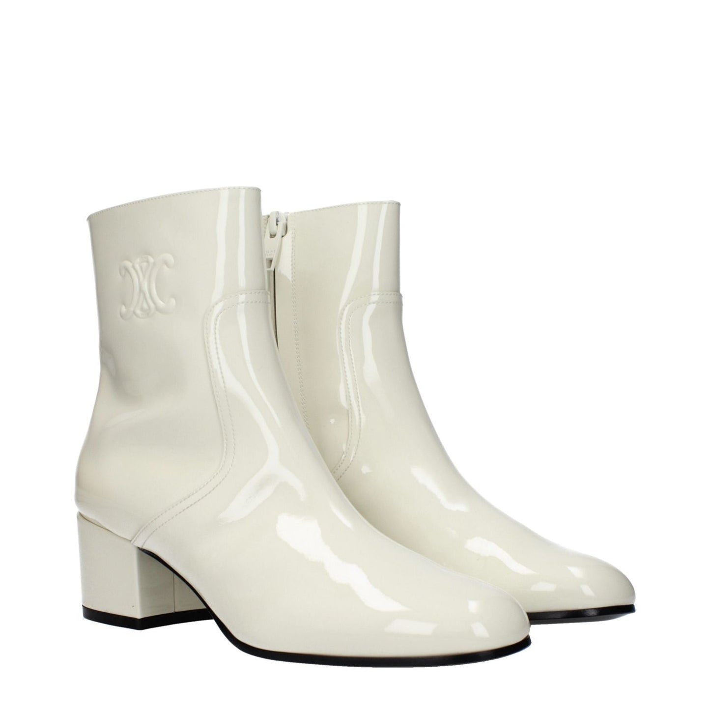 Celine Beige Leather Ankle Boots with 5 cm mid heels and zip closure, featuring a side logo, patent leather, and round toe design.