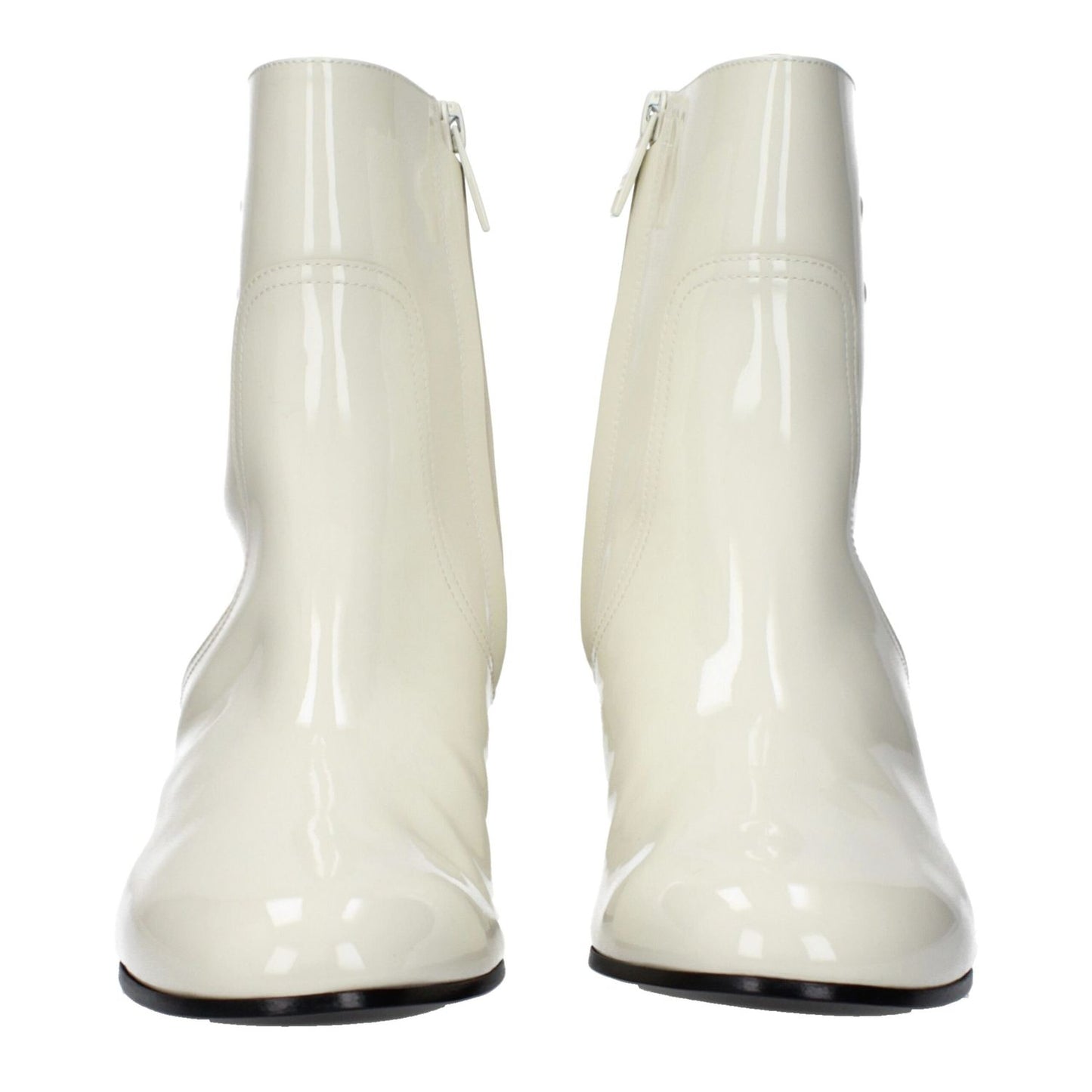 Celine Beige Leather Ankle Boots with zip closure and mid heels, featuring side logo and round toe design.