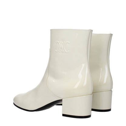 Celine Beige Leather Ankle Boots with side logo and 5 cm mid heels, featuring a zip closure and round toe design in patent leather.