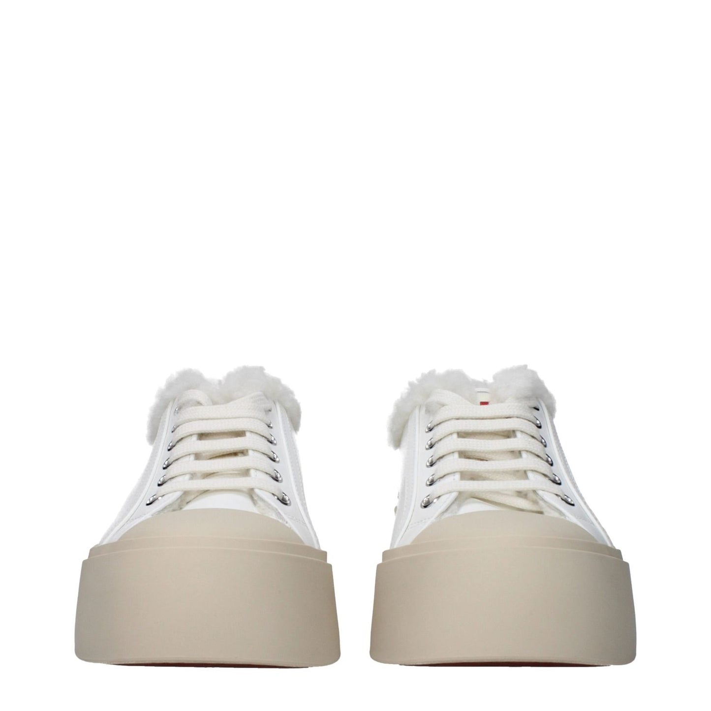 Marni White Leather Low Top Sneakers with fur detail, lace-up closure, rubber sole, and front logo, showcasing casual style and comfort.