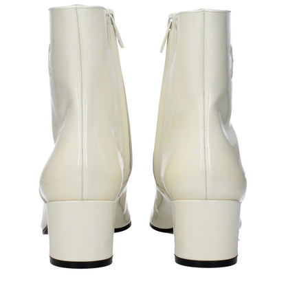 Celine Beige Leather Ankle Boots with zip closure and mid heels, featuring a side logo, viewed from the rear angle.