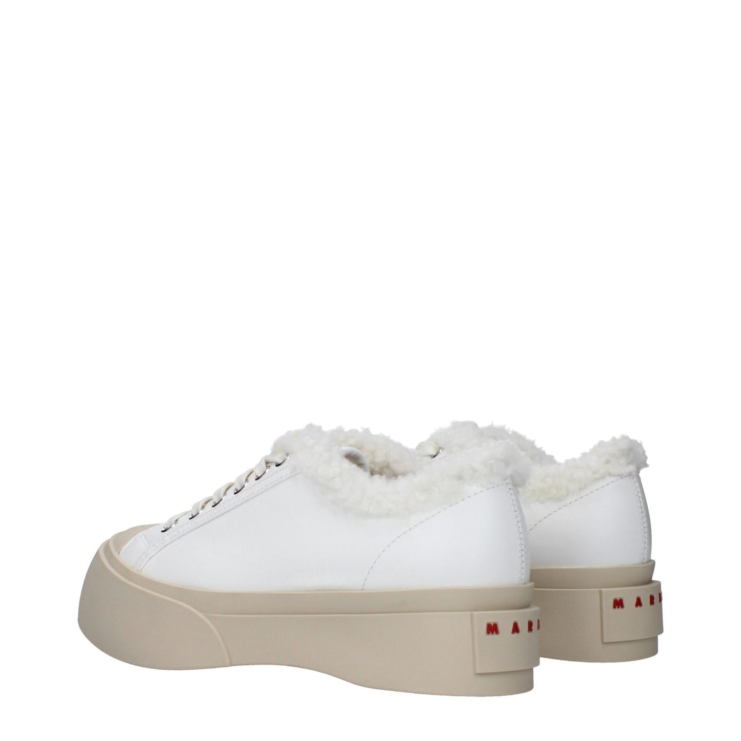 Marni White Leather Low Top Sneakers with fur detail, round toe, and mid heel. Features logos and rubber sole, casual style.