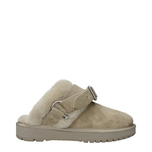 Burberry Green Leather Slippers with fur detail, casual suede design, round toe, buckle closure, low flat heel, rubber sole.
