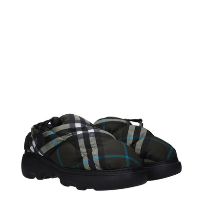 Burberry Green Fabric Slip-On Loafers with check print and rubber sole, featuring drawstring closure and round toe design.