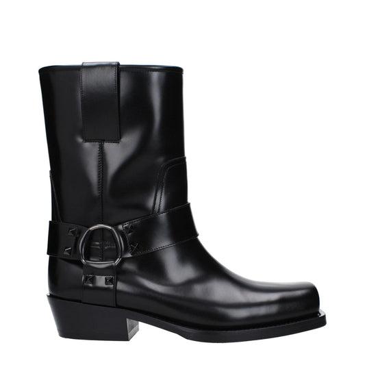 Valentino Garavani Black Leather Ankle Boots with studs, square toe and mid leather heel.