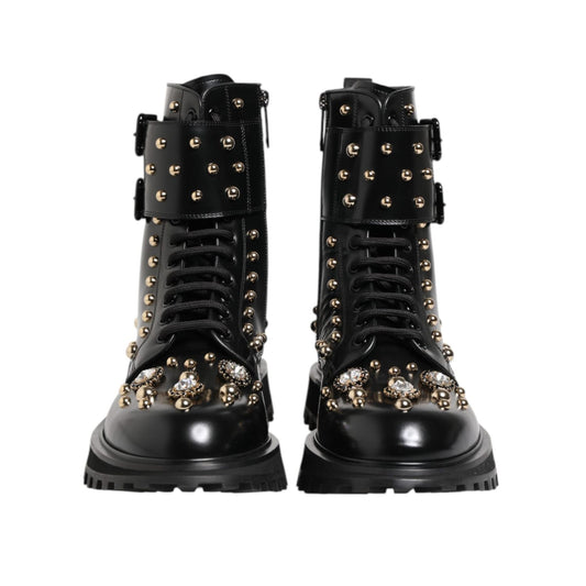 Dolce & Gabbana Black Studded Lace Up Mid Calf Boots Shoes MV7683-35