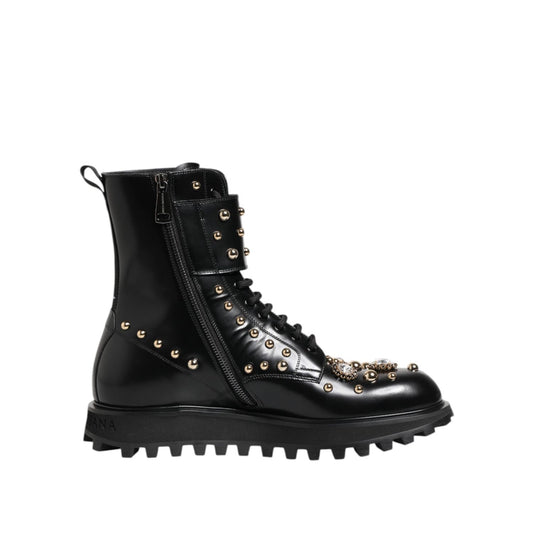 Dolce & Gabbana Black Studded Lace Up Mid Calf Boots Shoes MV7683-35