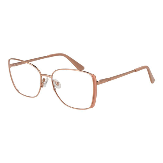Guess Rose Gold Women Glasses Frame in full-rim square style, metal material, 54-16-140 size, demo lenses, branded case included.