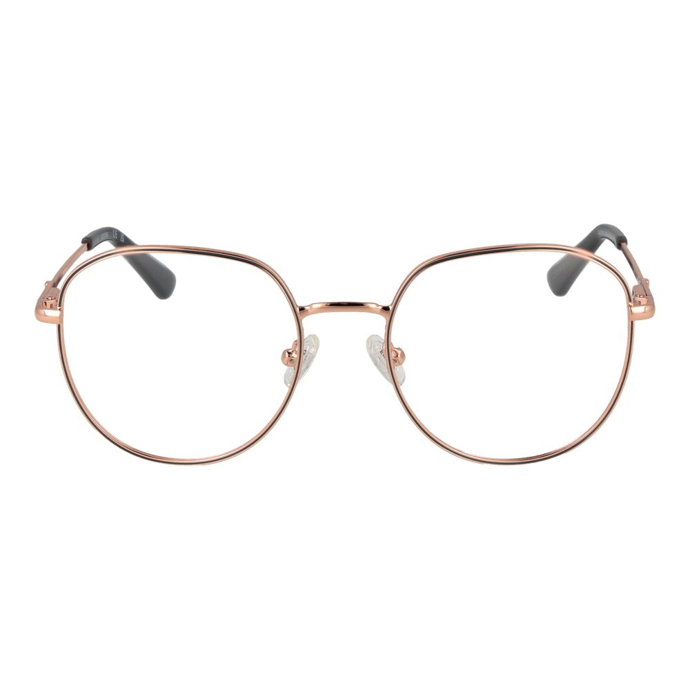 Guess Rose Gold Women Glasses Frame, round full-rim, metal in rose gold with plastic lenses, includes branded case, style no extra features.