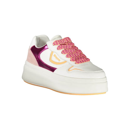 Blauer White Leather Women Sneaker with fuchsia accents and contrasting laces for trendy fashion-forward statement.