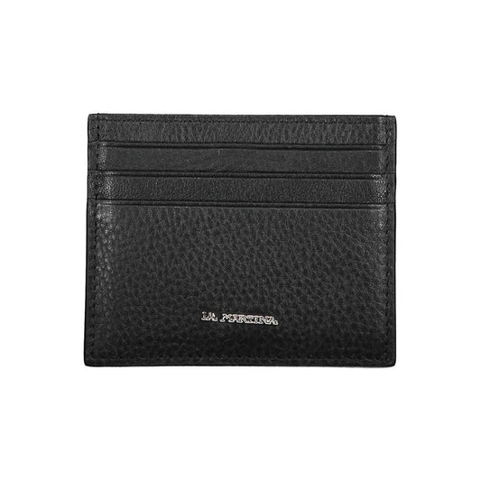 La Martina Black Leather Wallet with card holder and central pocket, featuring brand logo.