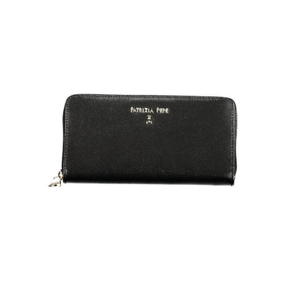 Patrizia Pepe Black Leather Wallet with zip closure, 6 compartments, card slots, and coin purse, showcasing brand logo.