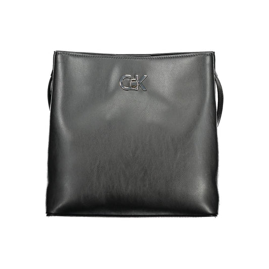 Calvin Klein Black Polyester Handbag with logo, features adjustable shoulder strap, central pocket, and recycled materials.
