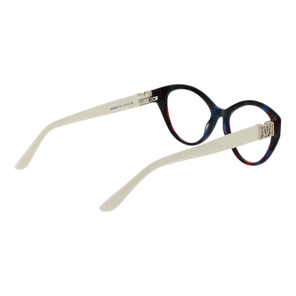 Alt Tag: Marciano by Guess Blue Women Glasses Frame, round acetate full-rim with blue and white design, demo lenses, 52-16-140 size, branded case included.