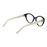 Alt Tag: Marciano by Guess Blue Women Glasses Frame, round acetate full-rim with blue and white design, demo lenses, 52-16-140 size, branded case included.