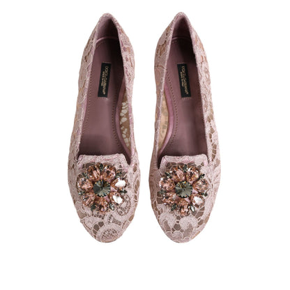 Dolce & Gabbana Pink Taormina Lace Crystals Flats Shoes