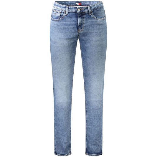 Tommy Hilfiger Blue Cotton Men's Slim Jeans with washed vintage effect, featuring iconic embroidery and comfortable fit.