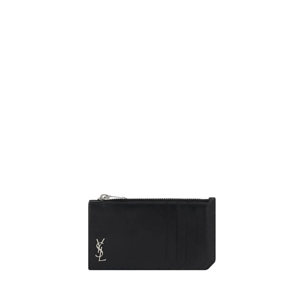 Saint Laurent Black Calf Leather Bos Taurus Wallet featuring YSL logo and card slots with zipper closure.