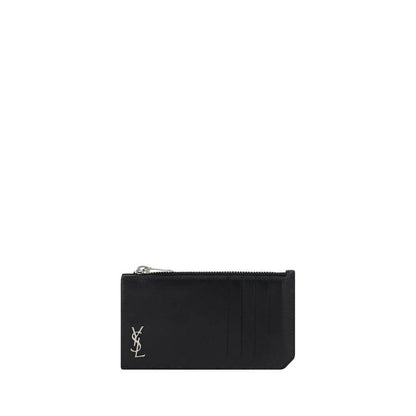 Saint Laurent Black Calf Leather Bos Taurus Wallet featuring YSL logo and card slots with zipper closure.