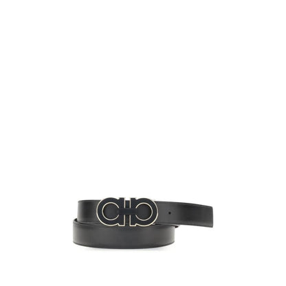 Ferragamo Black Calf Leather Bos Taurus Regular Belt with Gancini buckle, reversible design and golden border, AW25 season.