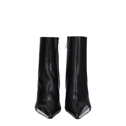 Off-White Black Leather Ankle Boots with high heels, side and back logos, zip closure, and silver vintage style, code F78933.