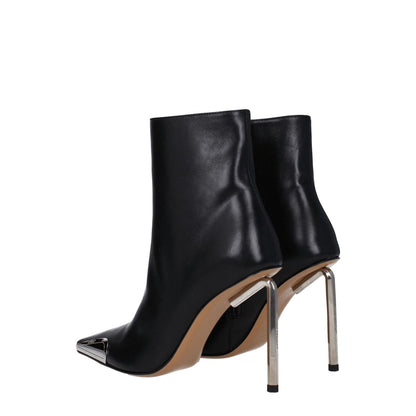 Off-White Black Leather Ankle Boots with high heels and zip closure, featuring side and back logos, pointy toe design, and leather soles.
