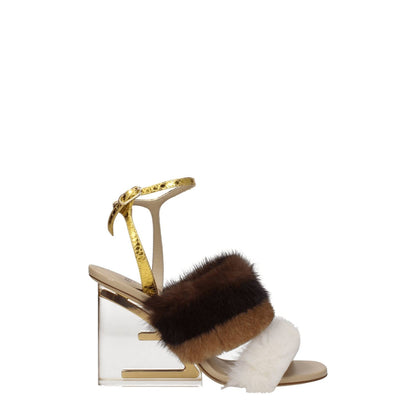 Fendi Brown Mink Strap-On Sandals with gold buckle closure, open toe, 10 cm high heel, snake leather, and vintage effect design.