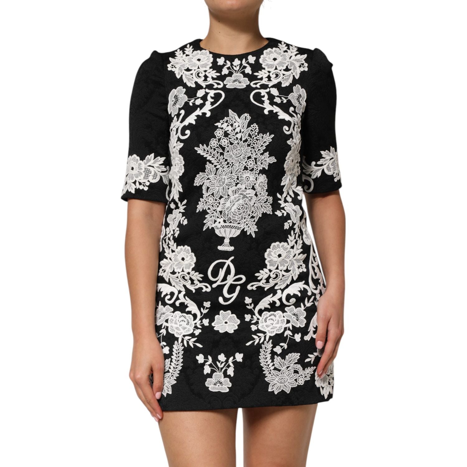 Dolce & Gabbana Black Lace Trim Short Sleeves A-line Dress