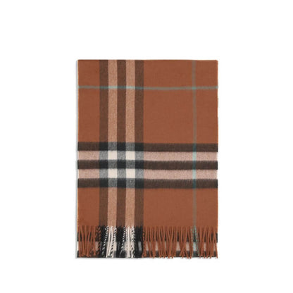 Burberry Brown Cashmere Scarf with signature check pattern and fringed ends, 100% cashmere, luxury accessory for autumn-winter.