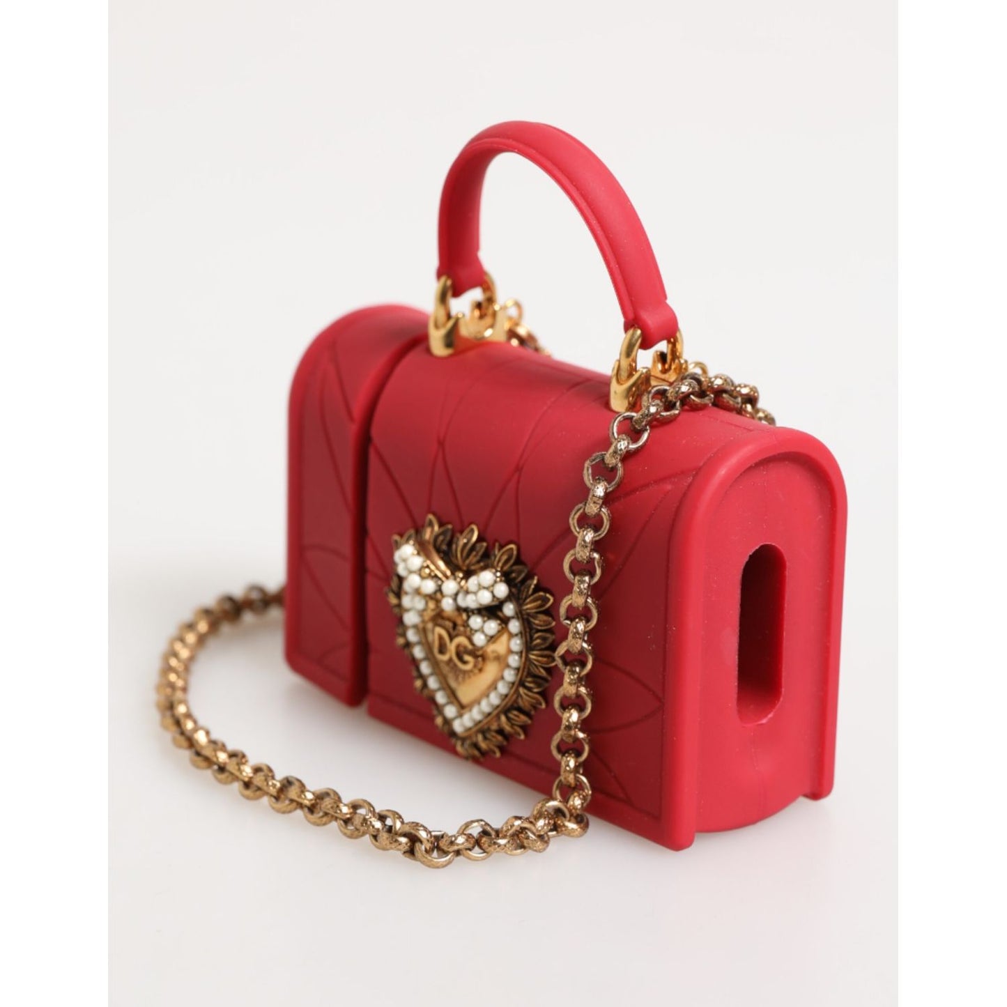 Dolce & Gabbana Red Silicone Devotion Heart Cover Bag Women Airpods Case with chain and heart detail.