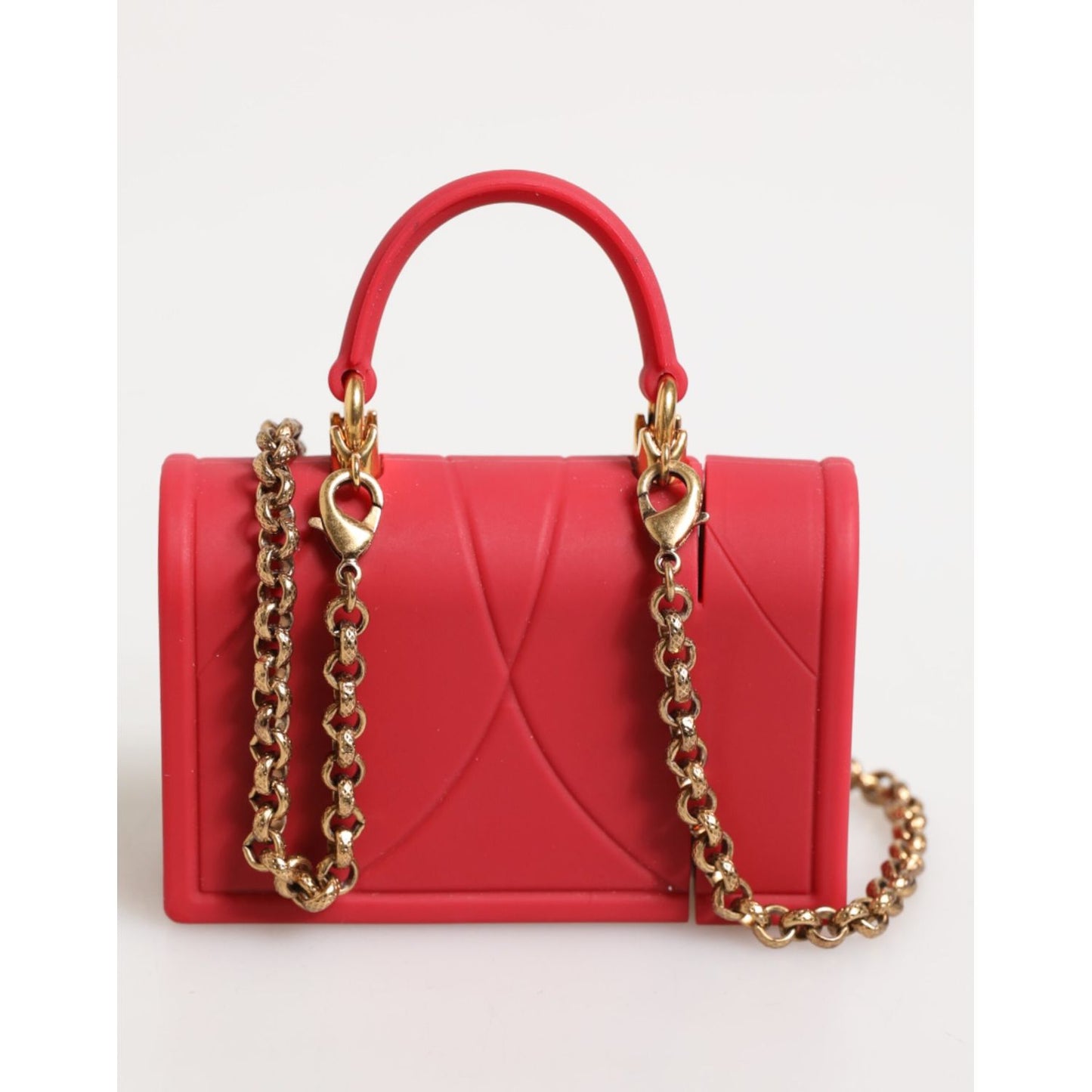 Dolce & Gabbana Red Silicone Devotion Heart Cover Bag Women Airpods Case with chain handles, iconic heart detail in vibrant red.