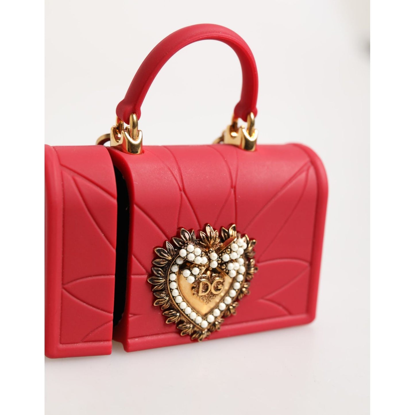 Dolce & Gabbana Red Silicone Devotion Heart Cover Bag Women Airpods Case with iconic gold heart detail and logo, made in Italy