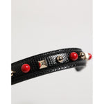 Dolce & Gabbana Black Embellished Leather Bag Handle Women Shoulder Strap with red and gold studs, calf leather, made in Italy.