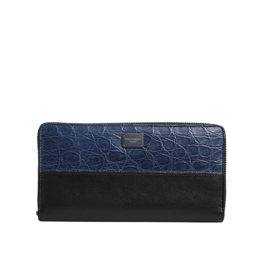 Dolce & Gabbana Black Blue Exotic Leather Men Continental Clutch Wallet with textured design and zip closure.