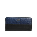 Dolce & Gabbana Black Blue Exotic Leather Men Continental Clutch Wallet with textured zip-around style and logo plaque.