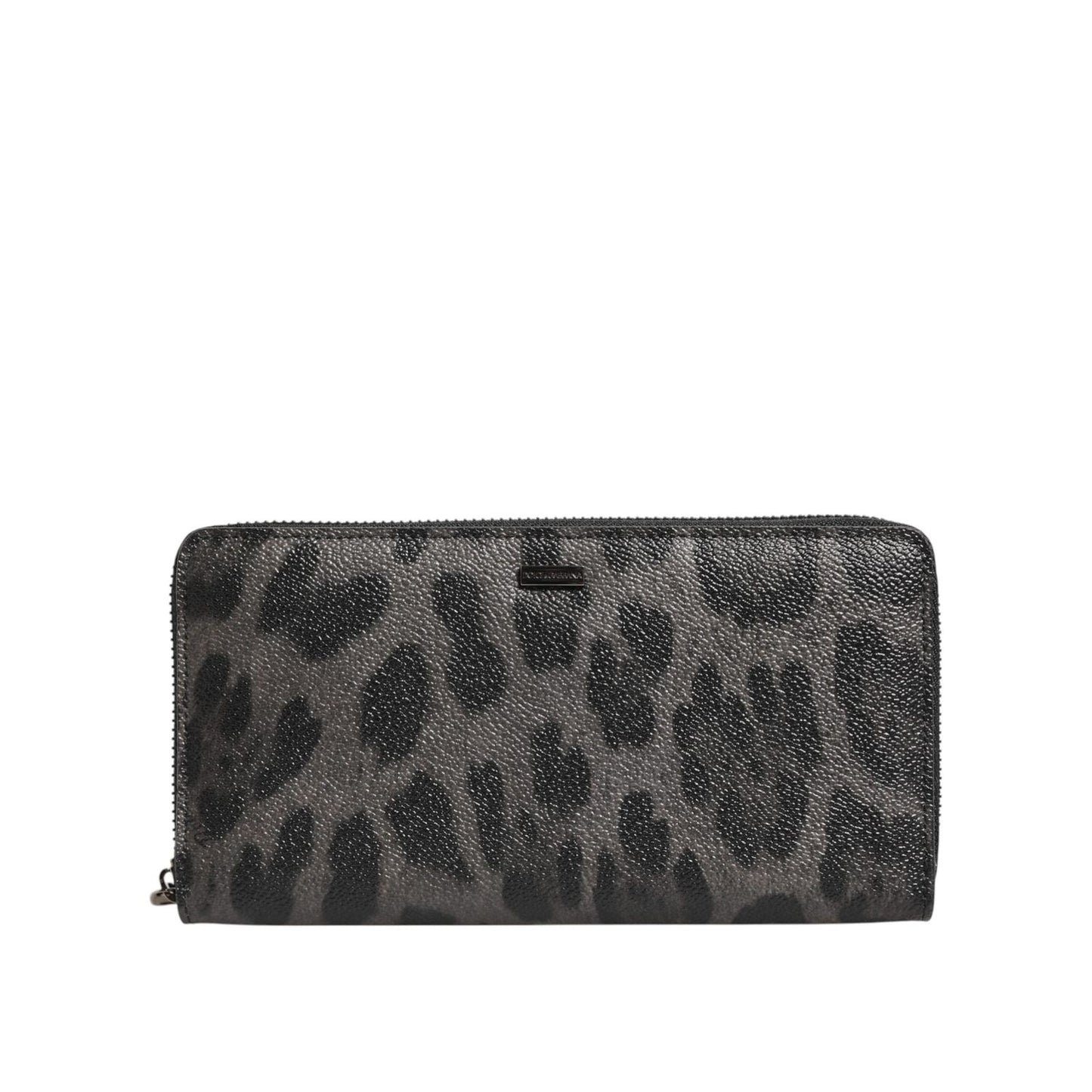 Dolce & Gabbana Black Gray Leopard Leather Zip Around Continental Wallet, men's luxury accessory with zipper closure and logo detail.