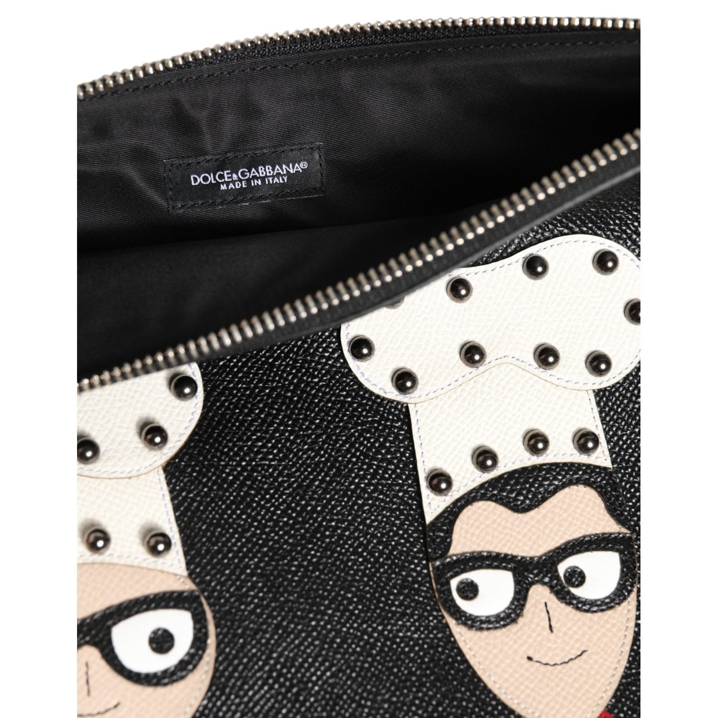 Dolce & Gabbana Black Leather #DGFAMILY Embellished Men Clutch Pouch Bag with multicolor graphic appliques and zipper closure