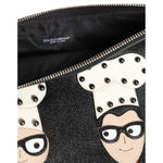 Dolce & Gabbana Black Leather #DGFAMILY Embellished Men Clutch Pouch Bag with multicolor graphic appliques and zipper closure