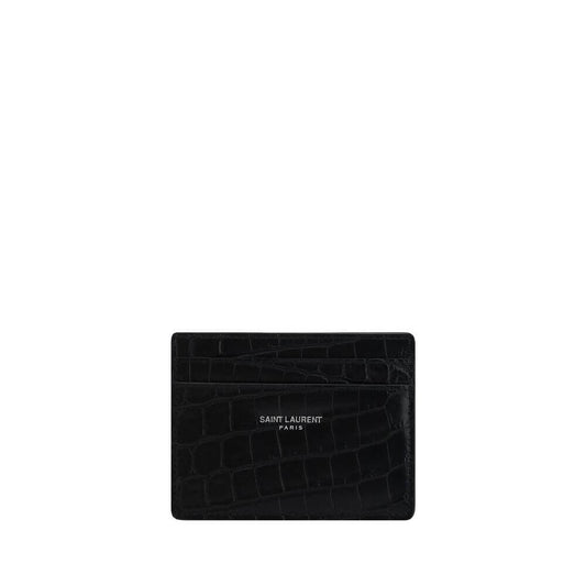 Saint Laurent Black Calf Leather Bos Taurus Wallet with animal-effect print and monogram, card slots, and bill compartment.